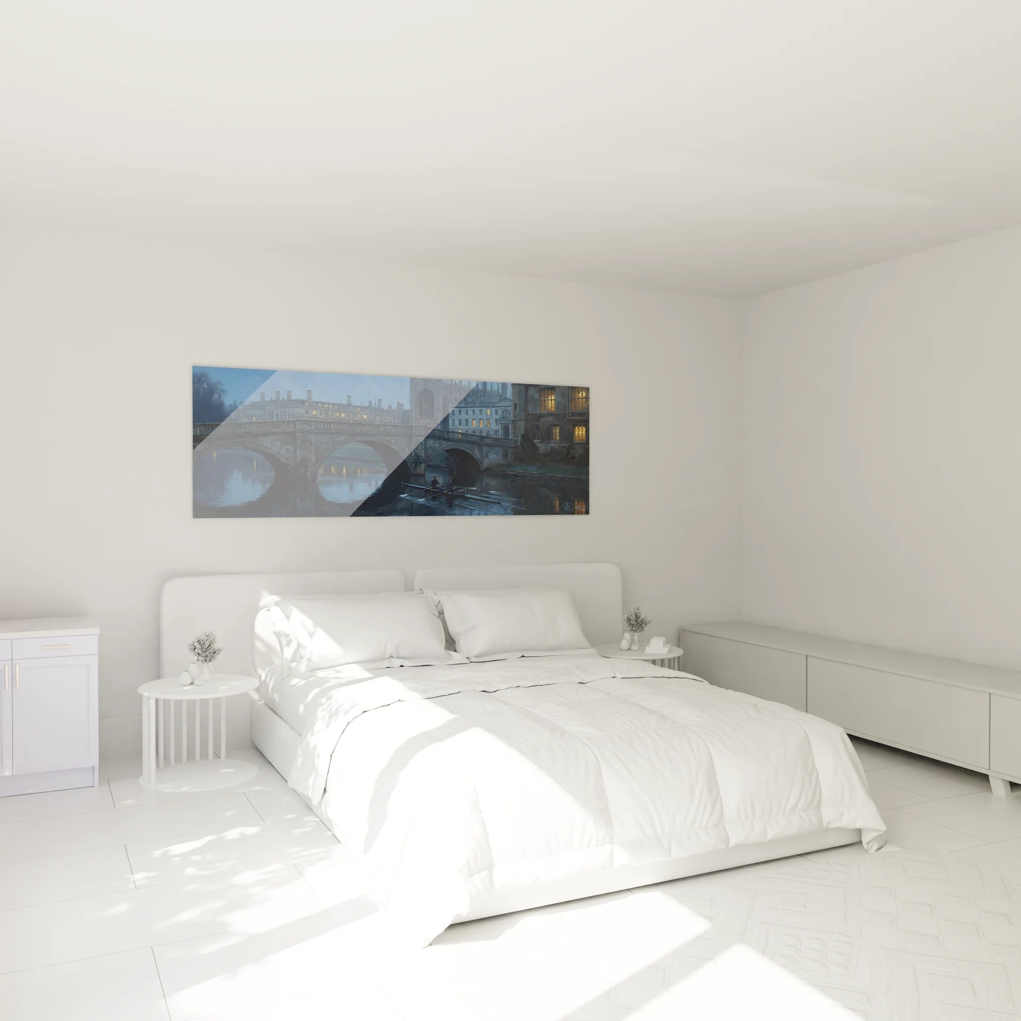 Tableau aviron Cambridge décorant une chambre moderne avec vue sur pont gothique au crépuscule