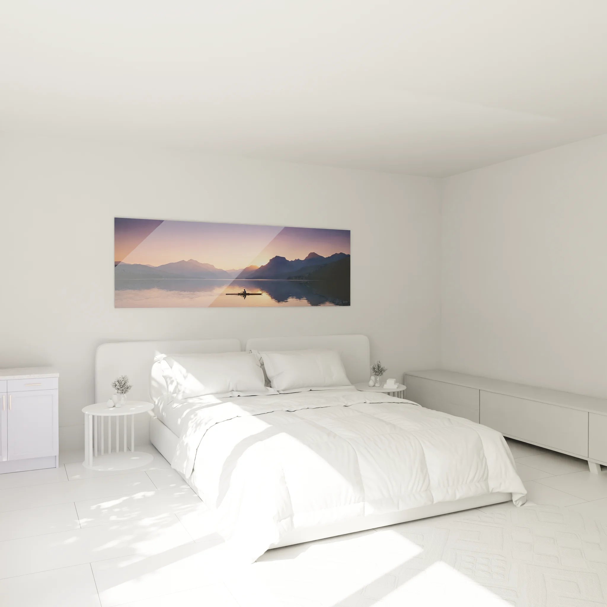 Tableau aviron coucher soleil installé dans chambre moderne - décoration murale apaisante sport nautique