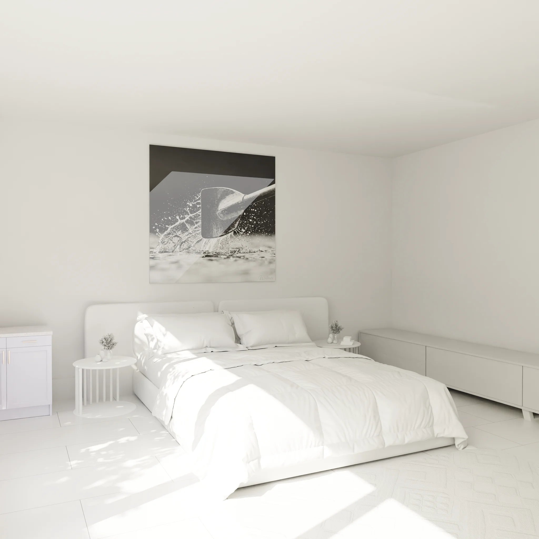 Tableau aviron décoratif dans chambre moderne, art mural sport nautique noir et blanc