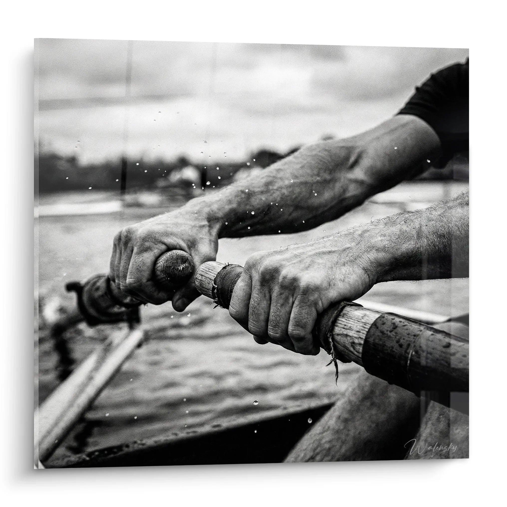 Tableau aviron noir blanc mains rameur tenant rames bois sport nautique décoration murale