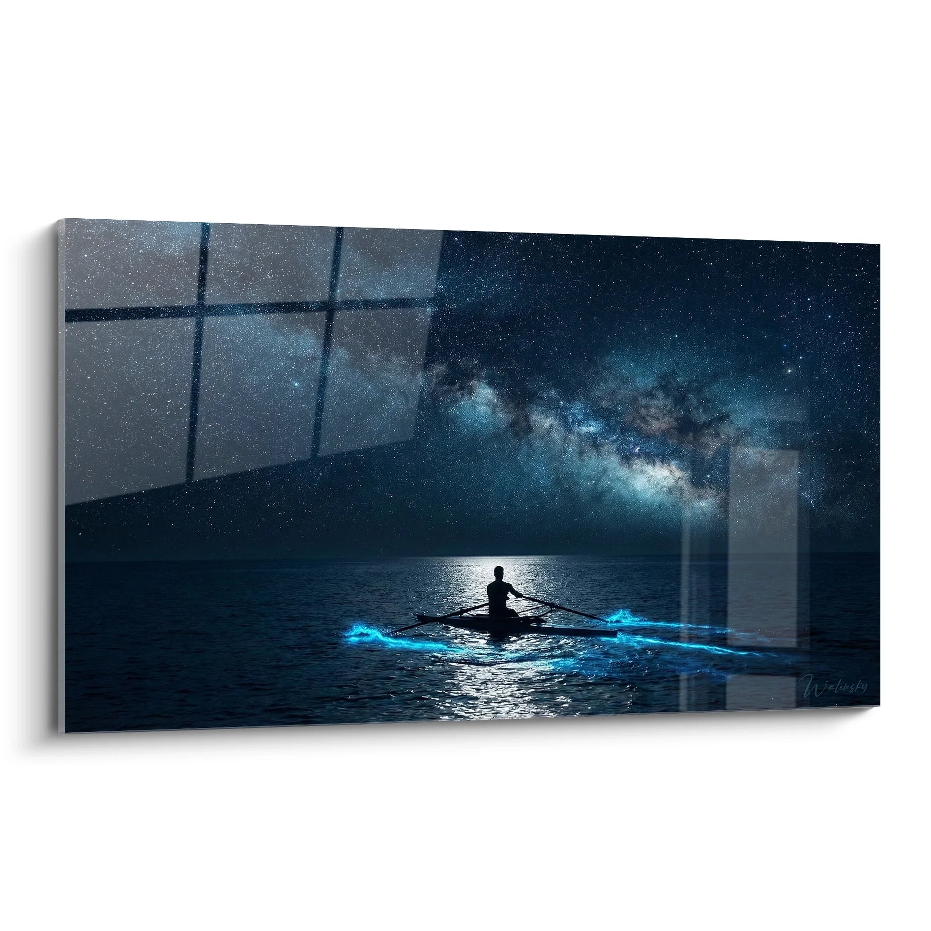 Tableau aviron nocturne avec rameur sous la voie lactée et reflets turquoise sur l'eau