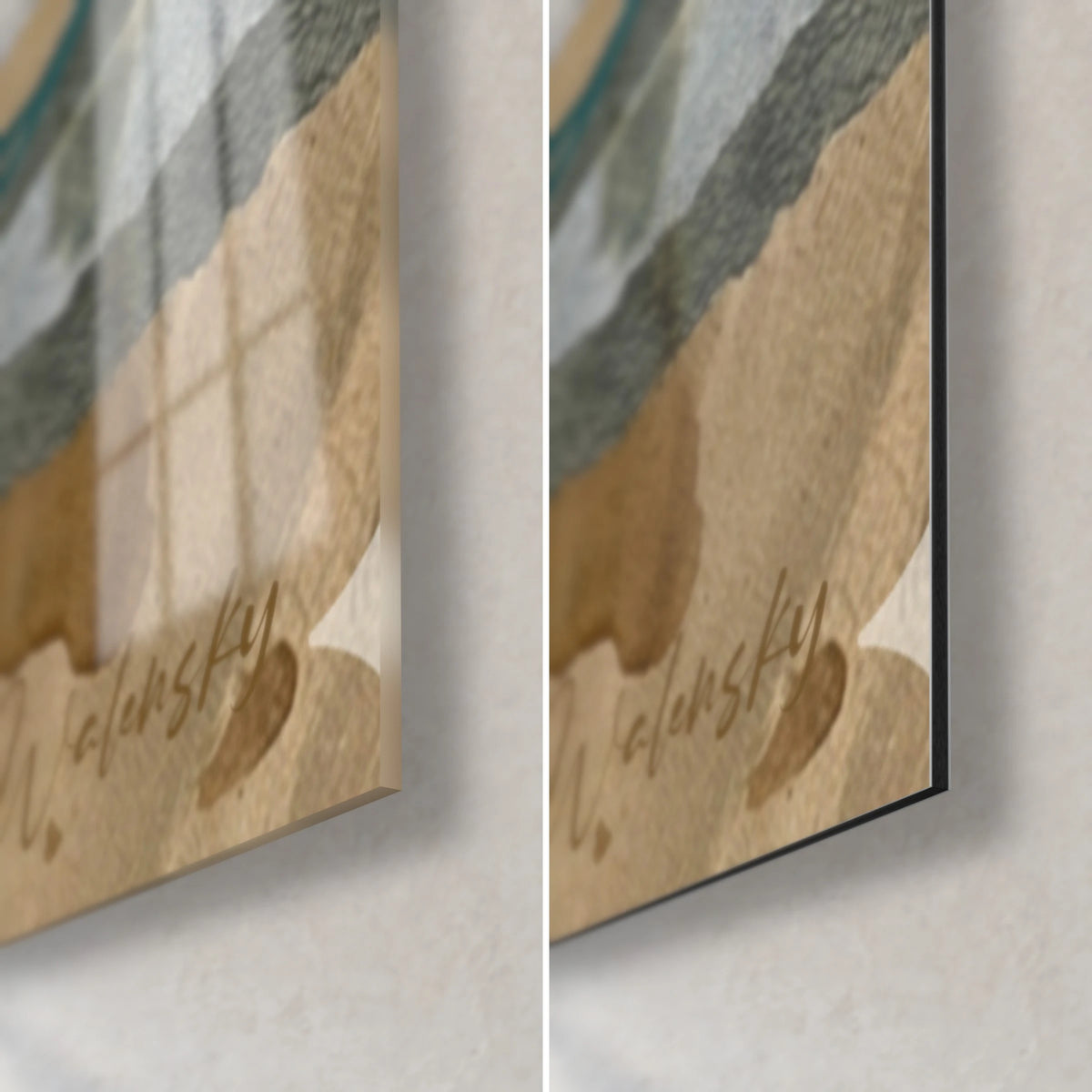 Cuadro regata vintage en collage, esquina inferior derecha: cristal acrílico brillante a la izquierda, Dibond negro mate a la derecha, kraft beige, canto de 3 mm