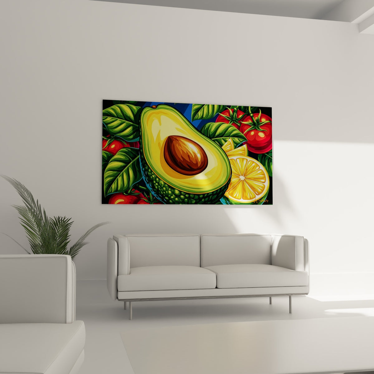 Tomates écarlates et avocat jaune vert illustrés avec précision, au-dessus d'un canapé dans un salon lumineux