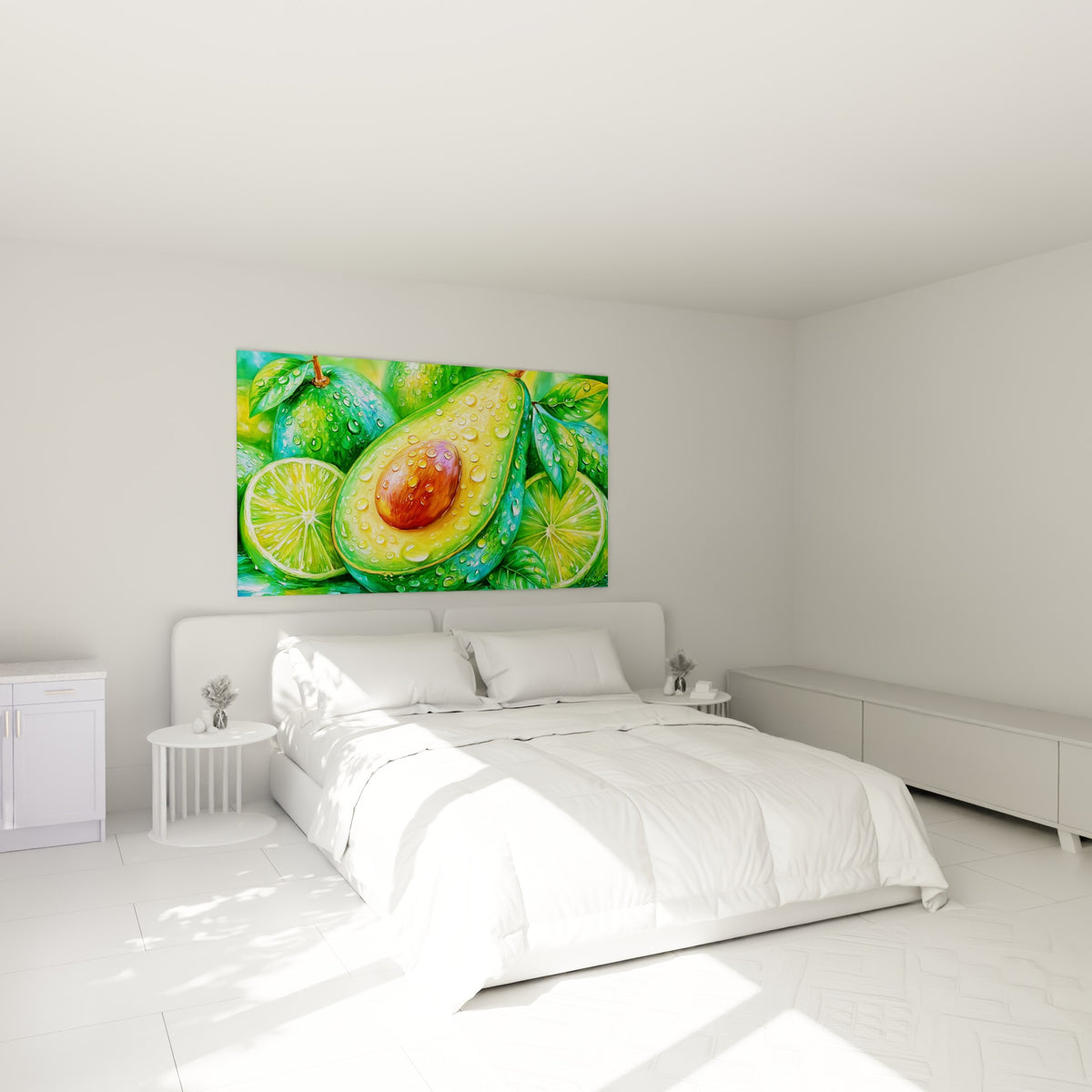 Avocat vert éclatant aux gouttes d'eau blanches, au-dessus d'un lit dans une chambre claire