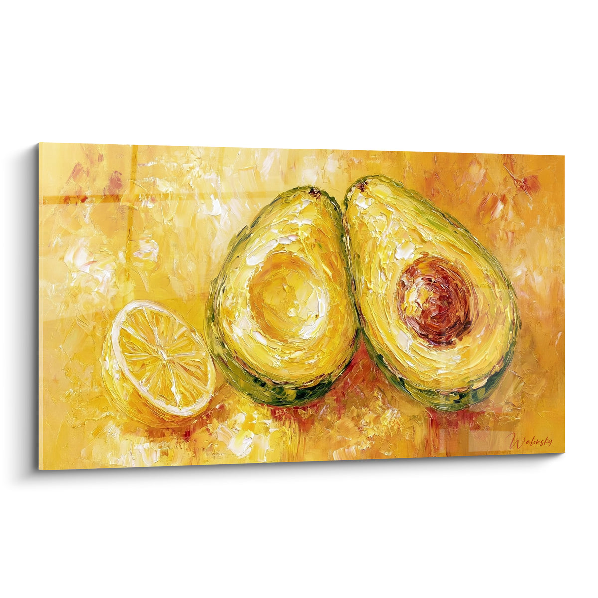 Avocat coupé en deux, vert et jaune doré, citron ocre, empâtements épais façon peinture au couteau