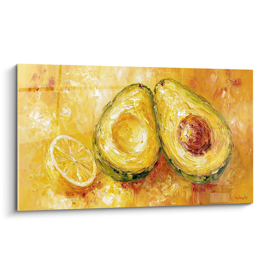 Tableau Avocat coupé jaune et brun au citron tranché - Empâtements à la spatule - Edition Avocat