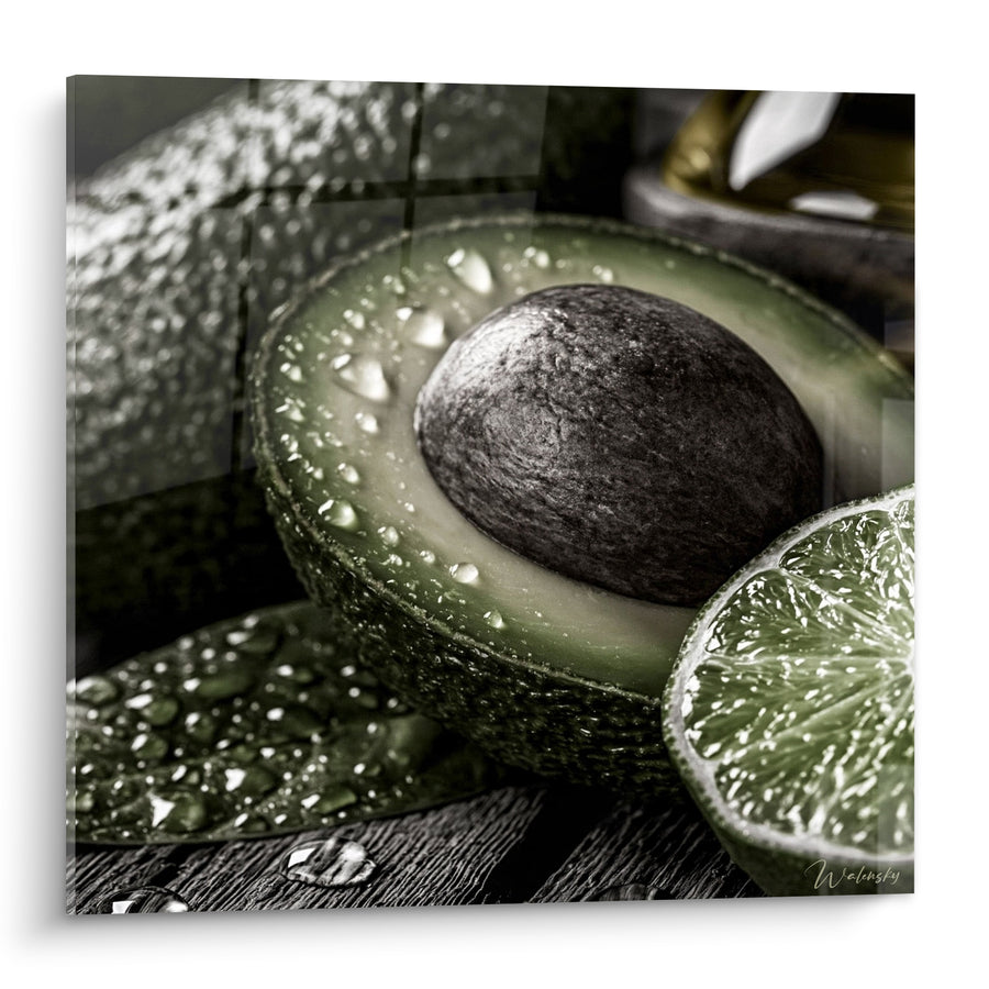 Tableau Avocat coupé vert et noir au noyau perlé - Citron vert juteux - Edition Avocat