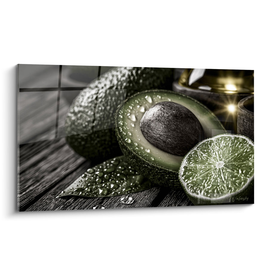 Tableau Avocat gris et vert au citron perlé - Lanterne dorée en fond - Edition Avocat