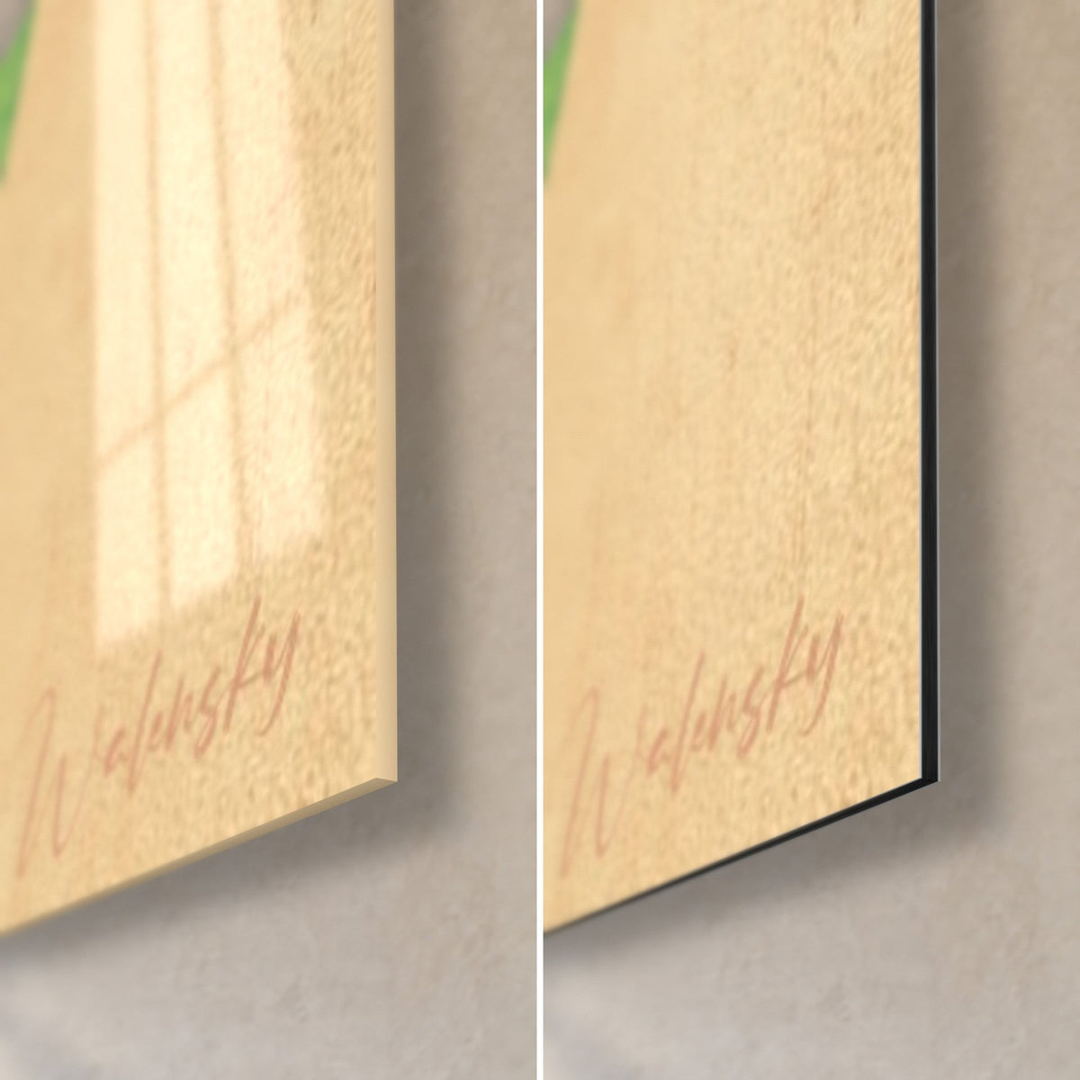 Tableau avocat vert et brun, coin bas droit : verre acrylique brillant à gauche, alu Dibond mat à droite, tranche de 3 mm
