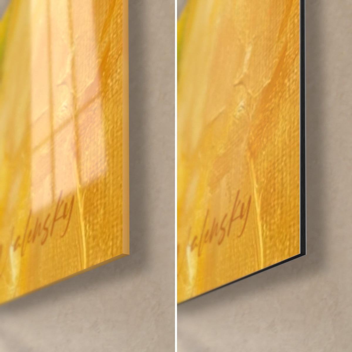 Tableau demi-avocats en peinture à l'huile, coin bas droit : verre brillant à reflets jaune miel, Dibond mat et tranche noire
