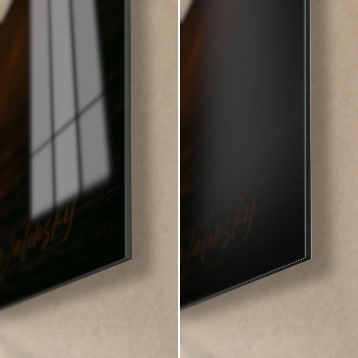 Tableau avocat vert et brun, coin bas droit : verre acrylique brillant à gauche, alu Dibond mat à droite, tranche de 3 mm