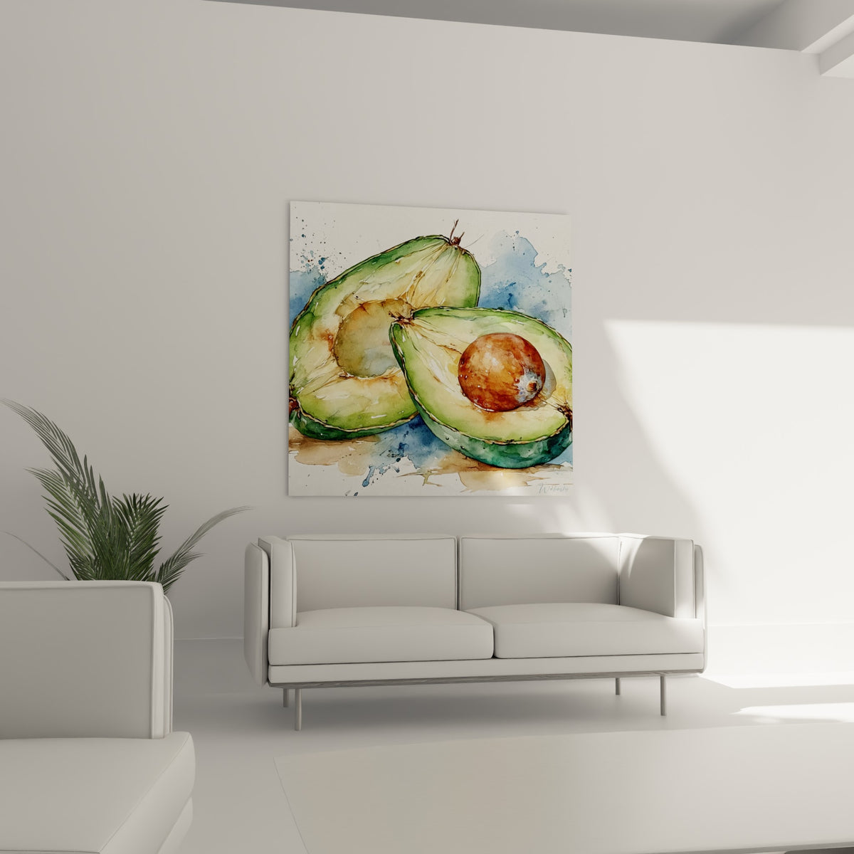 Avocat aquarelle vert et bleu marine, suspendu au-dessus d'un canapé dans un salon lumineux