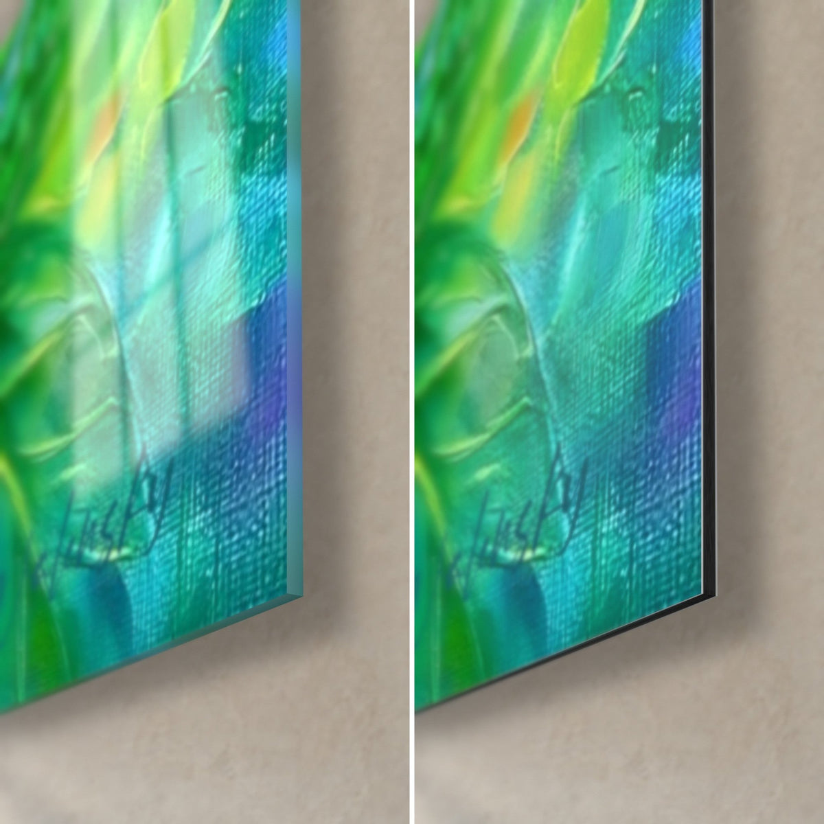 Tableau avocats en peinture à l'huile, coin bas droit : verre acrylique brillant et reflets à gauche, Dibond noir mat à droite