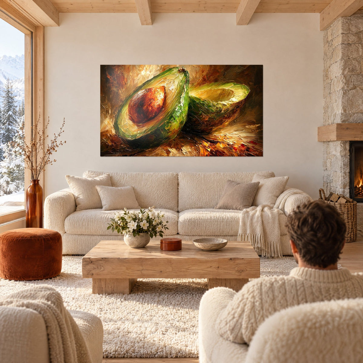 Quadro avocado tagliato, nocciolo bruno ramato e polpa verde tenero, sopra un divano in un soggiorno luminoso