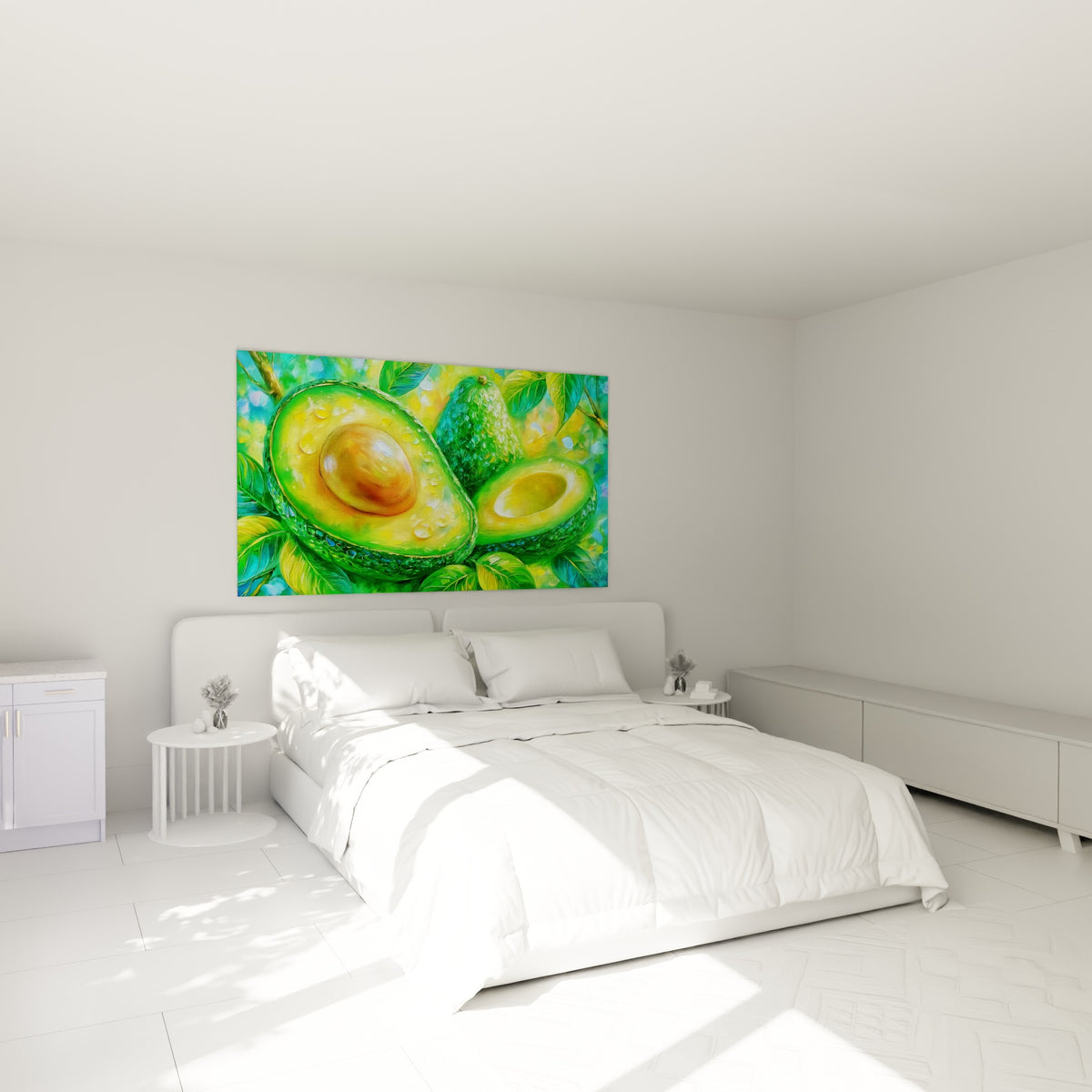 Avocat mûr aux tons verts et dorés, texture épaisse peinte au couteau, au-dessus d'un lit dans une chambre claire