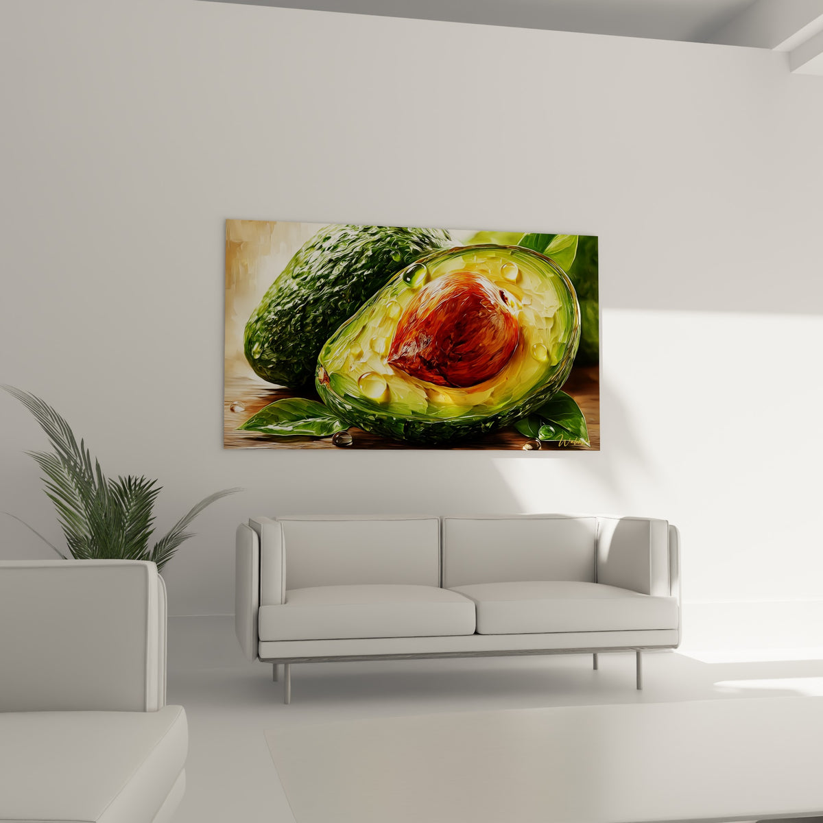 Fruit d'avocat vert olive et terracotta, feuilles vertes en premier plan, au-dessus d'un canapé dans un salon lumineux