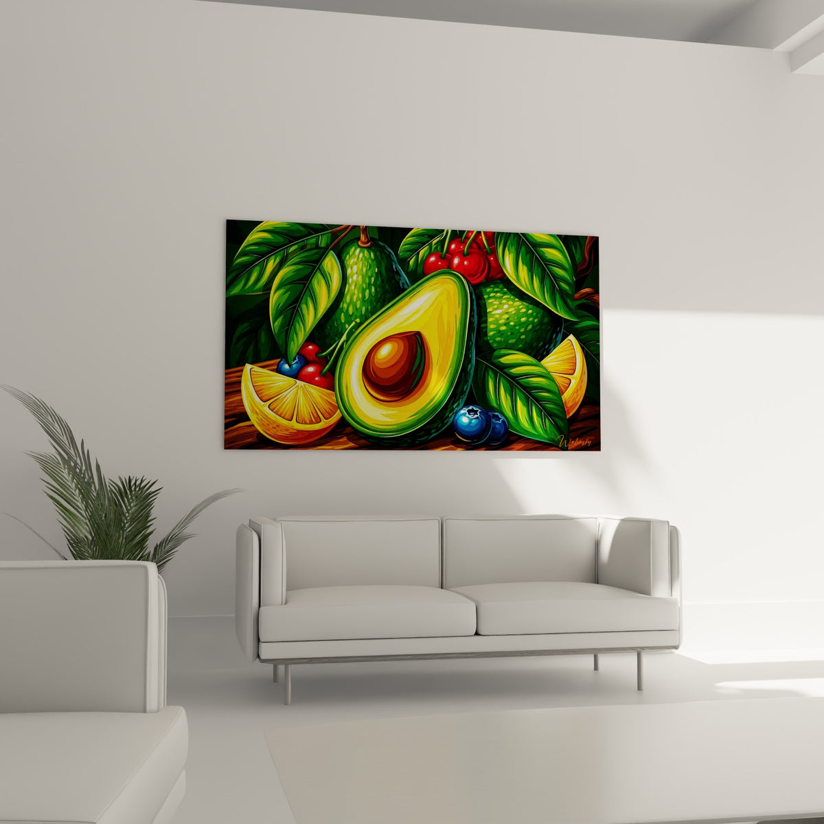 Avocat et fruits colorés en orange et rouge, disposés au-dessus d'un canapé dans un salon lumineux