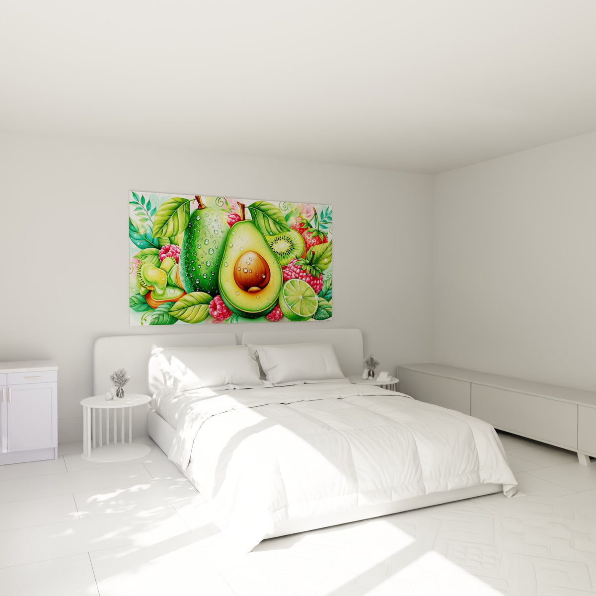 Fruits gourmands verts et roses, avocat coupé au-dessus d'un lit dans une chambre claire
