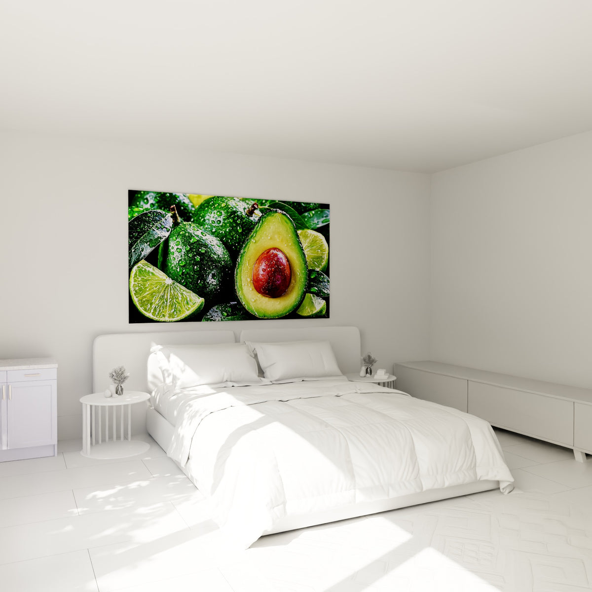 Fruits gorgés de fraîcheur, avocat vert et citron vert juteux, accrochés au-dessus d'un lit dans une chambre claire
