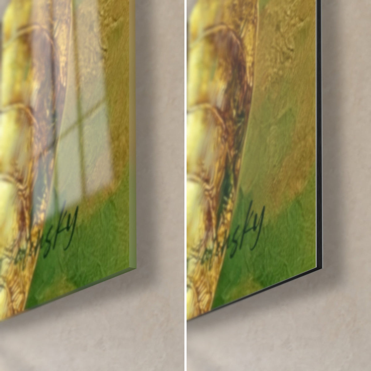Gemälde mit grüner Frucht in Malerei, untere rechte Ecke: glänzendes Acrylglas links, mattes schwarzes Alu-Dibond rechts, 3 mm Kante