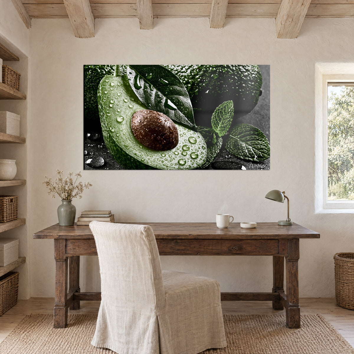 Tableau macro d'avocat aux gouttelettes brillantes, vert olive et brun chocolat, menthe fraîche, au-dessus d'un bureau en bois