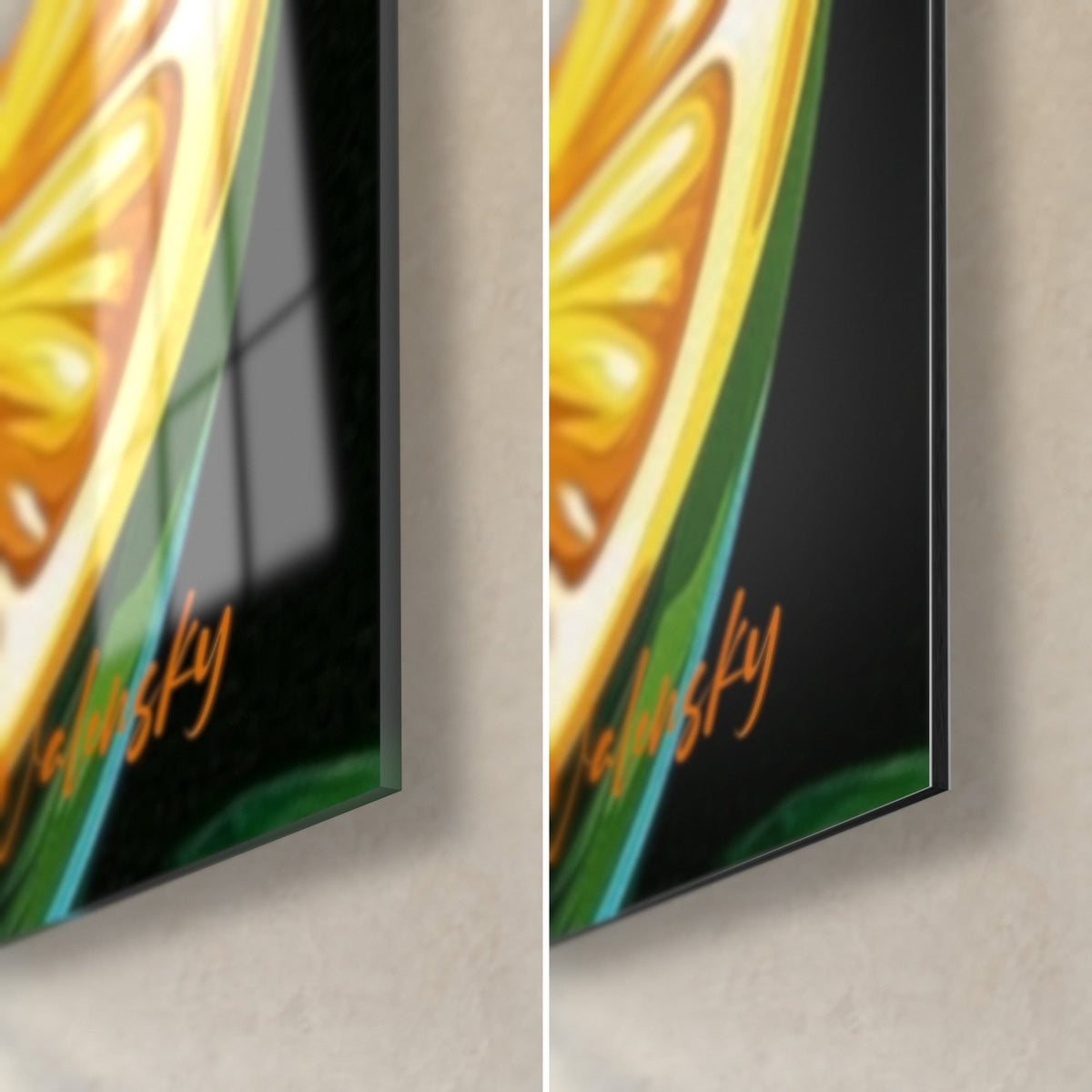 Tableau avocat à la peau perlée vert sombre, tranche de citron jaune, coin bas droit en verre brillant et Dibond mat