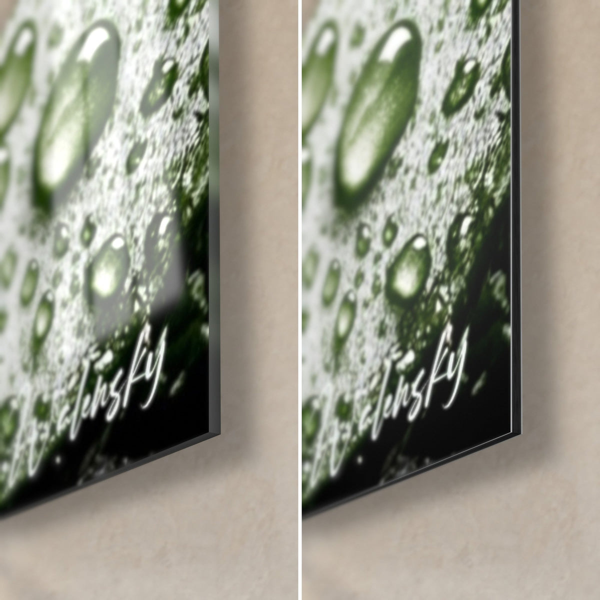 Tableau avocat ruisselant, gouttelettes vert pâle et brun, coin bas droit : verre acrylique brillant à gauche, alu Dibond mat à droite