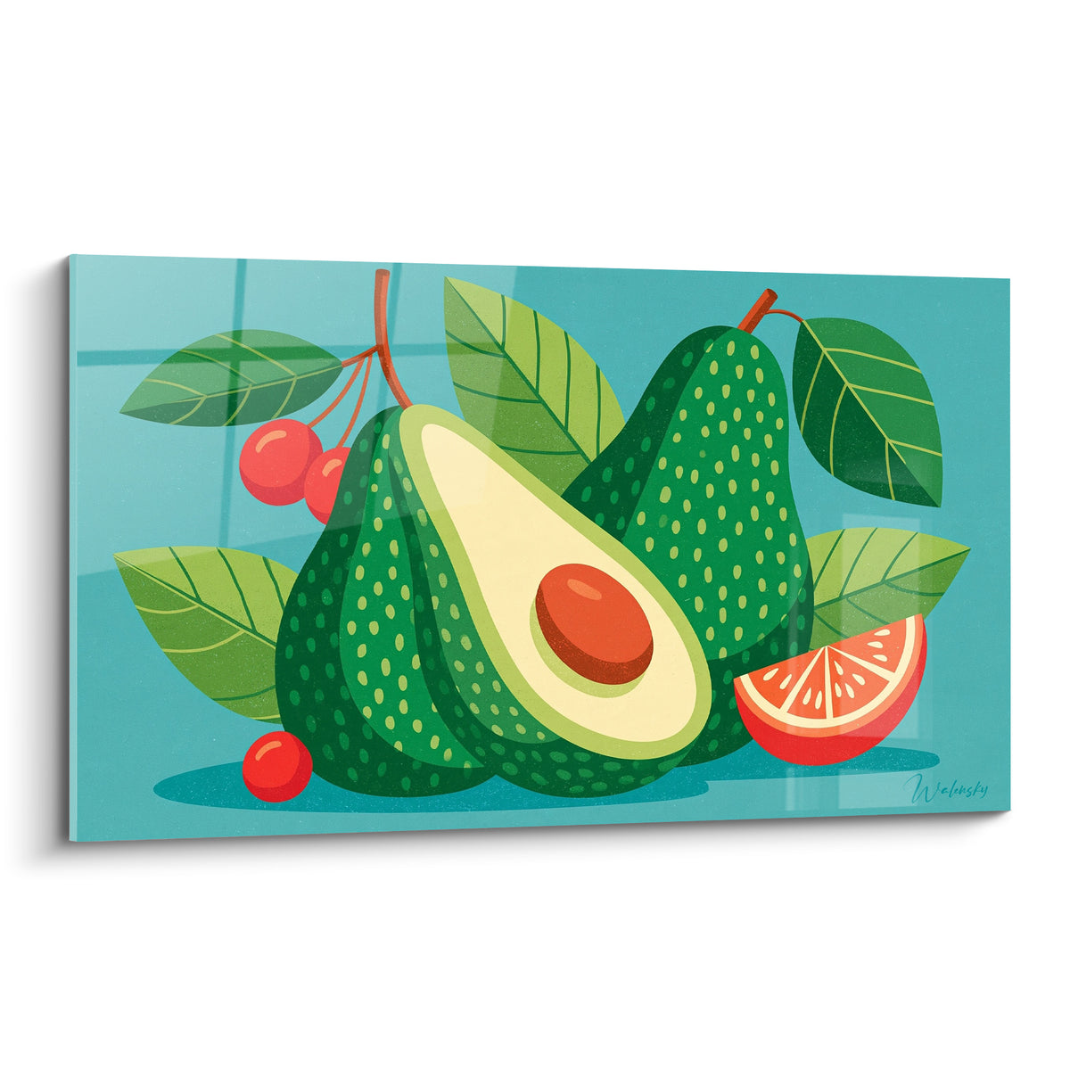 Tableau avocats verts tranchés côte à côte, cerises rouges et fond turquoise, illustration graphique gourmande