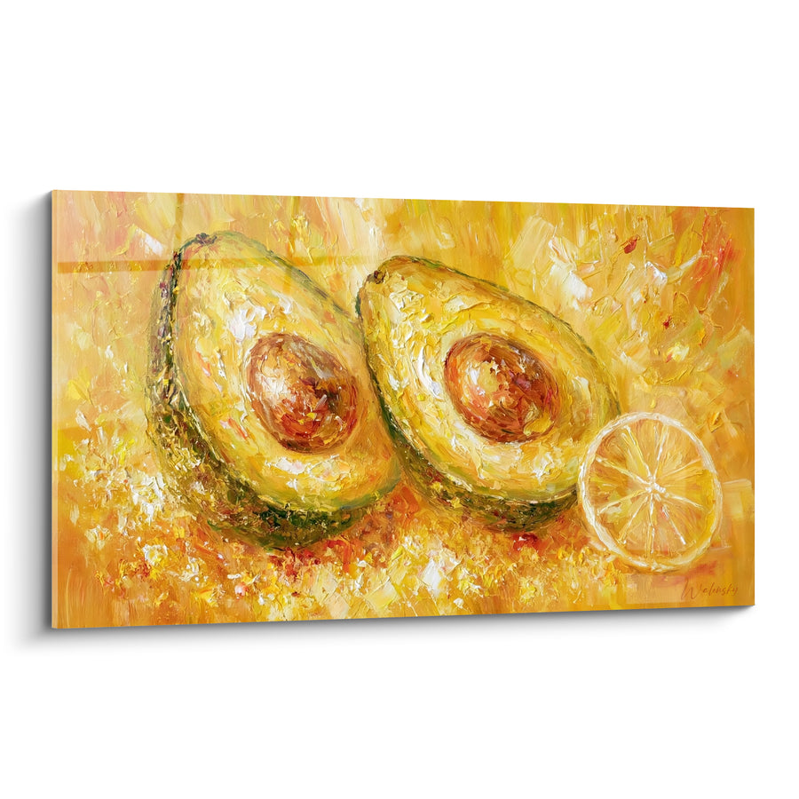 Tableau Avocat coupé jaune et brun aux empâtements dorés - Citron transparent en fond - Edition Avocat