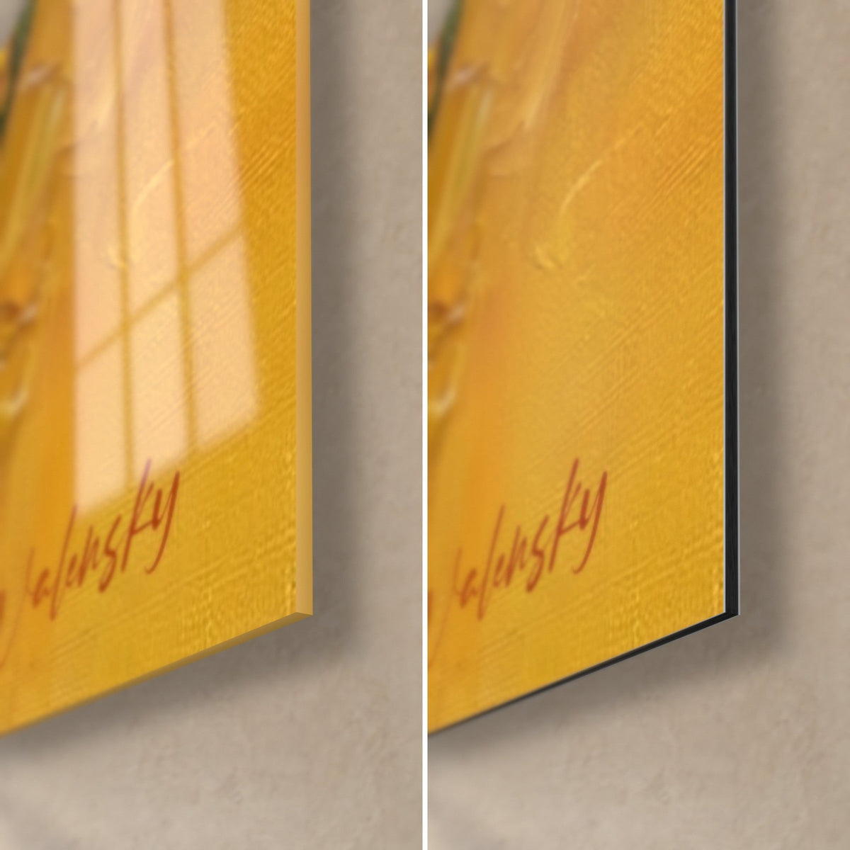 Tableau avocat coupé, coin bas droit : verre brillant aux reflets de fenêtre, Dibond mat orangé, tranche de 3 mm