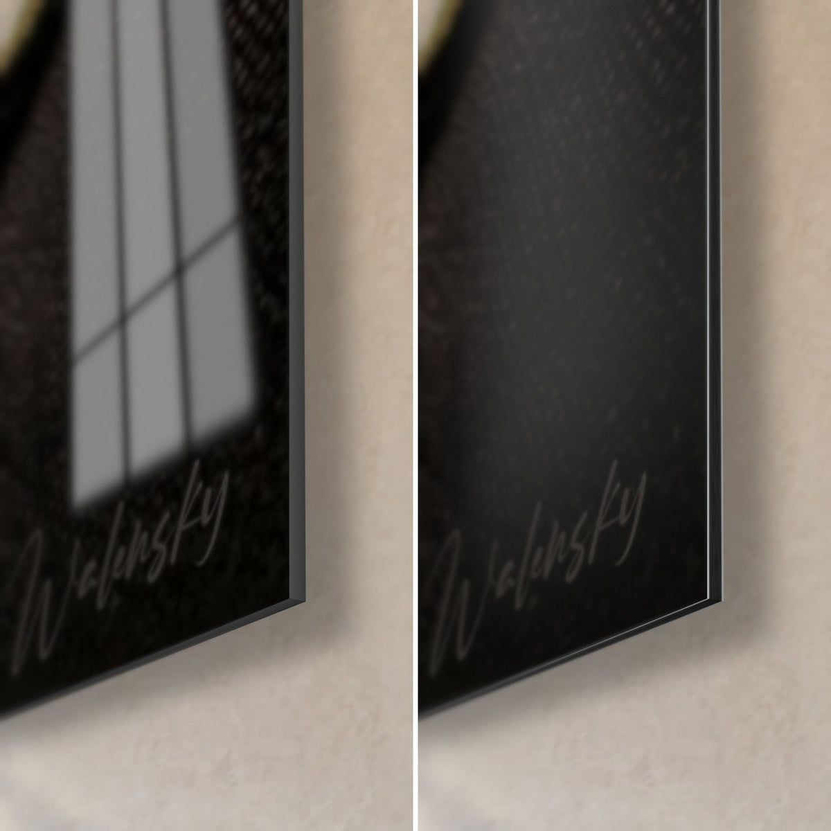 Wall art avocado in pale green and black, bottom right corner: glossy acrylic glass with reflections, matte Dibond aluminum, 3 mm thick