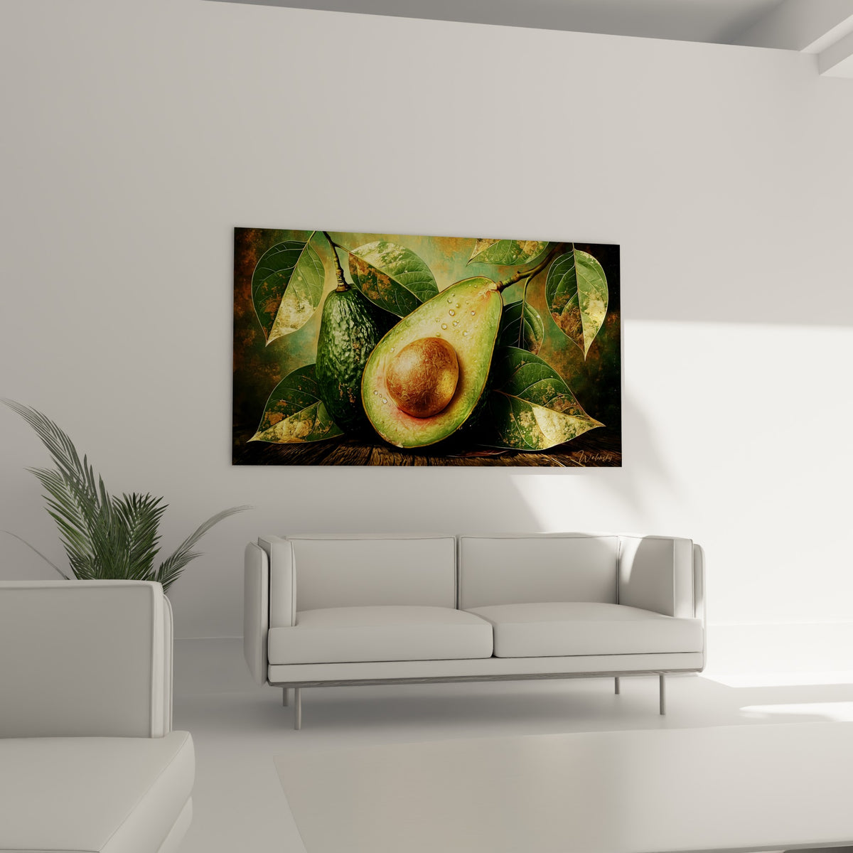 Fruit coupé vert et doré, noyau texturé brun, feuilles patinées, au-dessus d'un canapé dans un salon lumineux