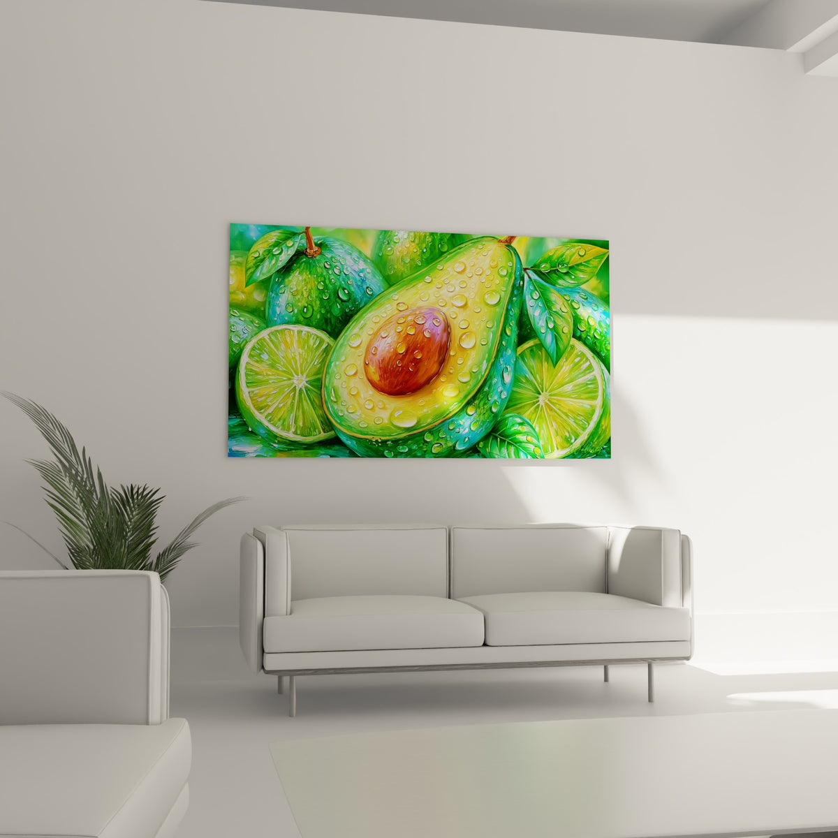 Citrons verts juteux et avocat orangé au centre, au-dessus d'un canapé dans un salon lumineux