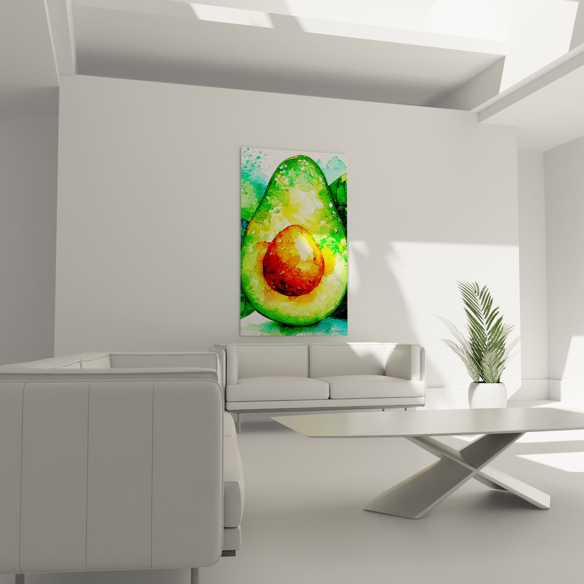 Avocat aquarelle aux tons vert tendre et orange brûlé au-dessus d'un canapé dans un salon lumineux