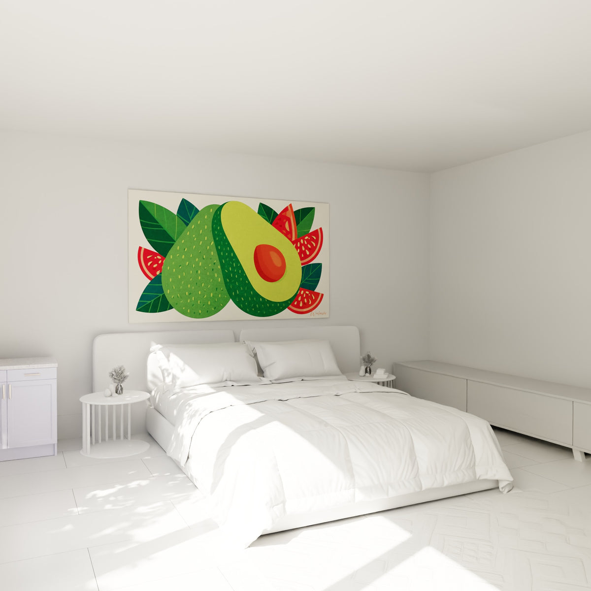 Fruit tropical vert et rouge illustré au-dessus d'un lit dans une chambre claire, style graphique éclatant.