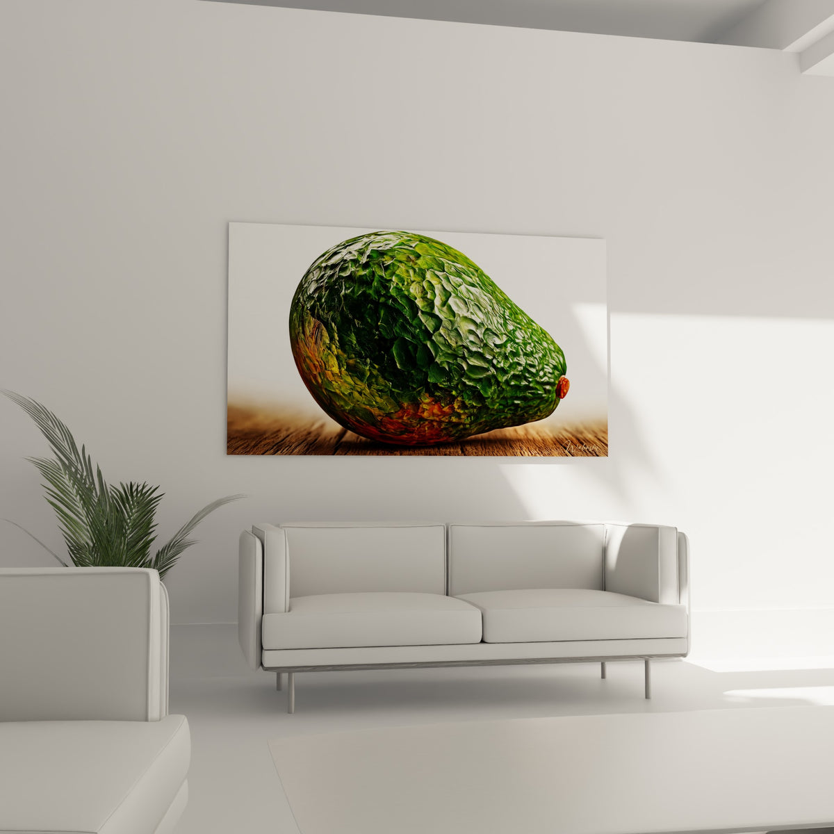 Avocat texturé aux reflets vert et brun-rouge, suspendu au-dessus d'un canapé dans un salon lumineux