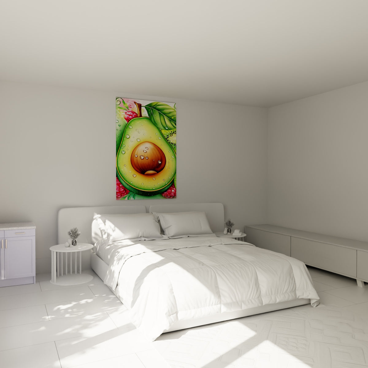 Fruit d'avocat vert et rose framboise accroché au-dessus d'un lit dans une chambre claire