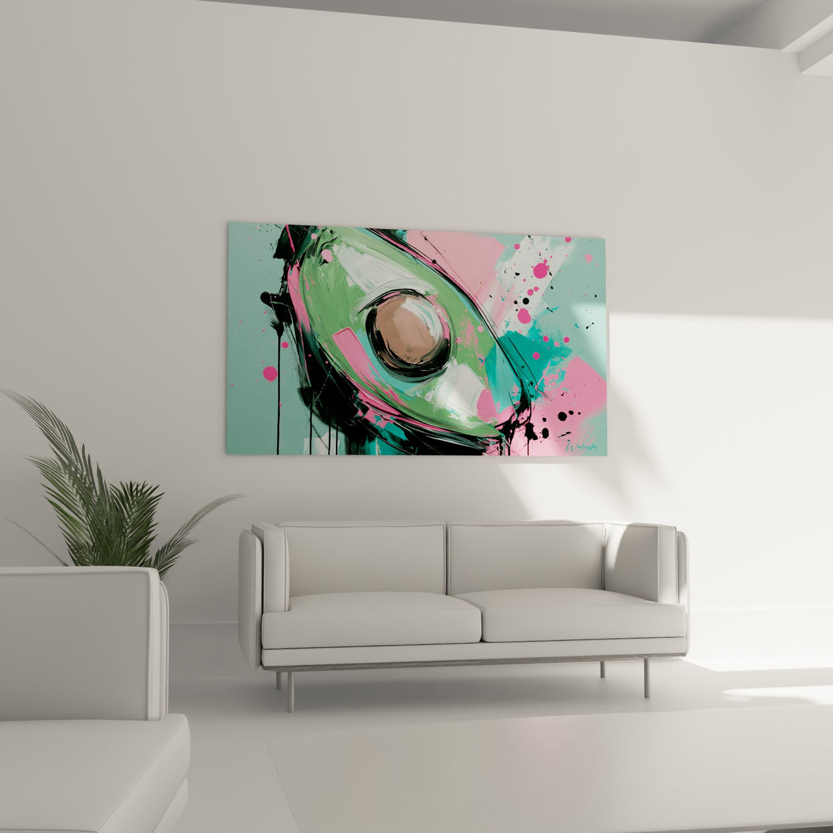 Composition d'avocat turquoise et rose fuchsia éclaboussée d'encre, au-dessus d'un canapé dans un salon lumineux