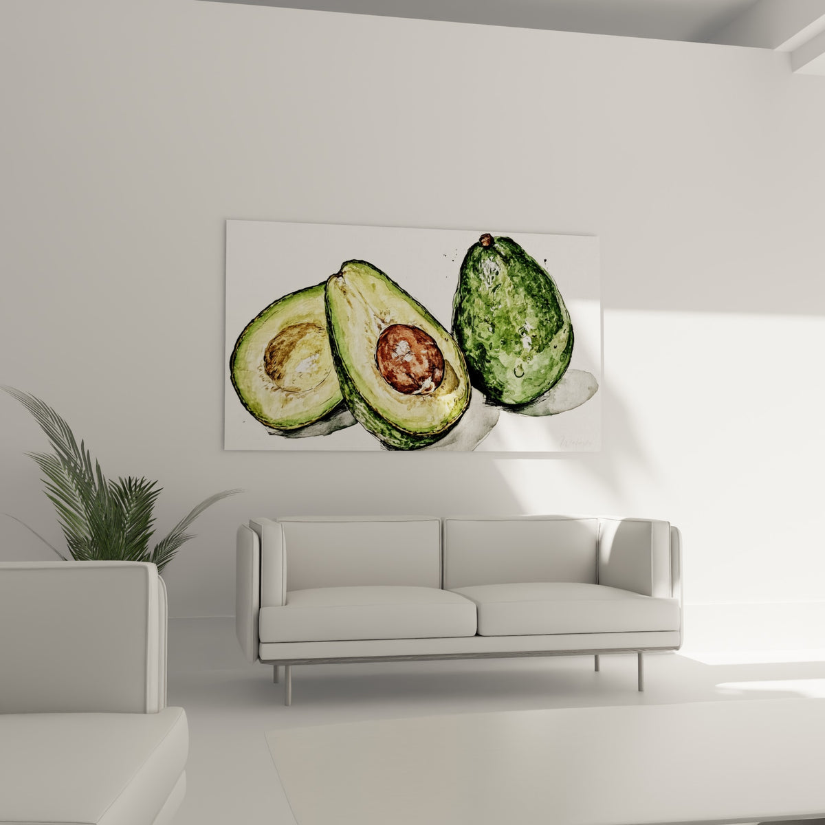 Composition d'avocats vert tendre et brun terreux au-dessus d'un canapé dans un salon lumineux
