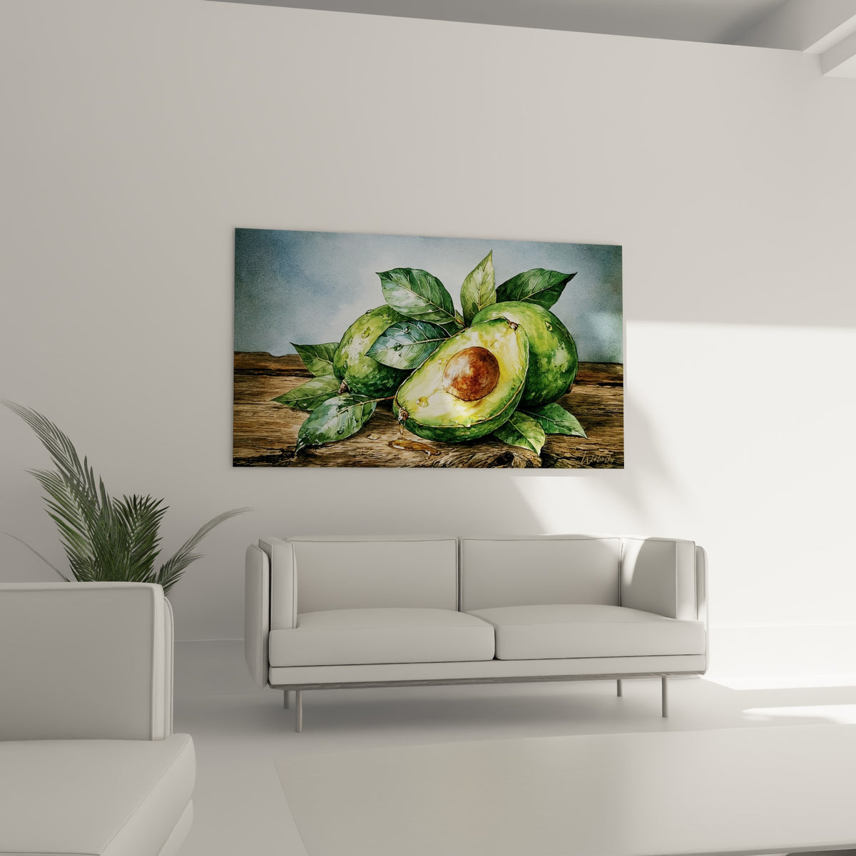 Avocat coupé aux feuilles vert sauge et gouttes dorées, au-dessus d'un canapé dans un salon lumineux
