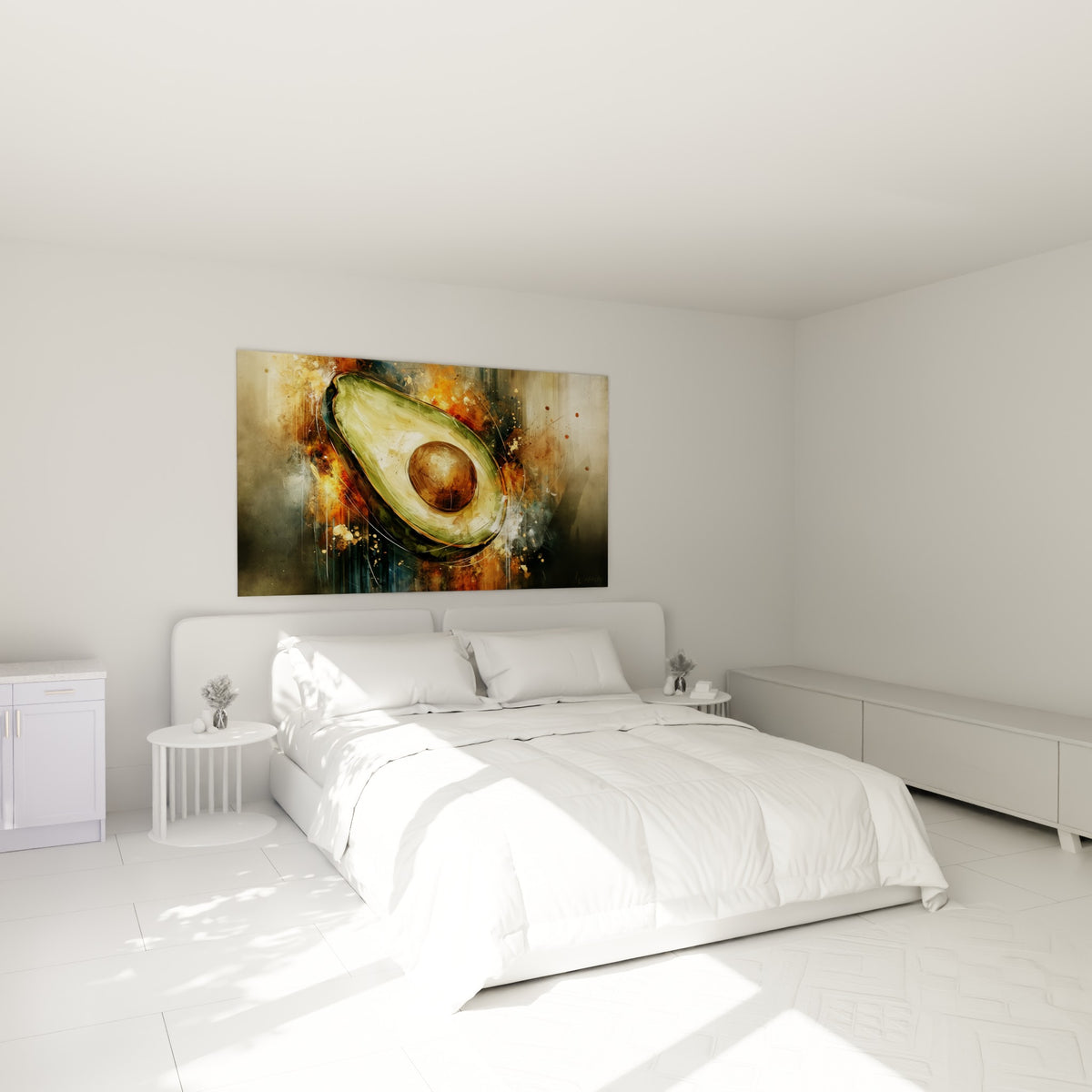 Fruit tranché aux tons vert sauge et terracotta, accroché au-dessus d'un lit dans une chambre claire