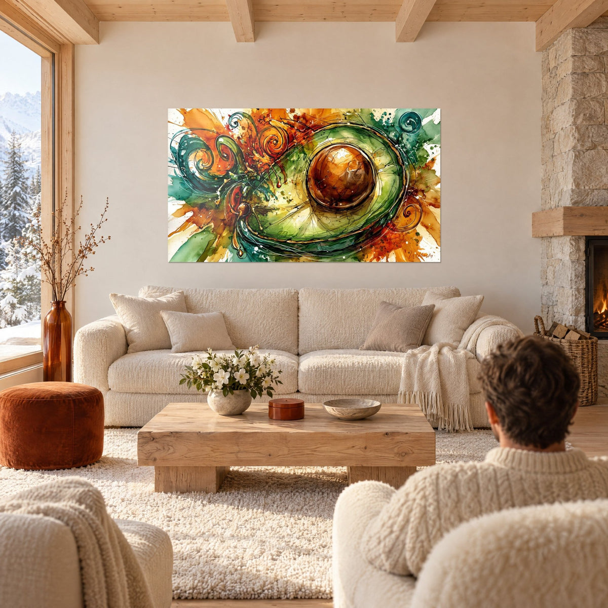 Gemälde halbierte Avocado in grünen und orangefarbenen Schwüngen, glänzender brauner Kern, Rückenansicht eines Paares über einem Sofa in einem hellen Wohnzimmer
