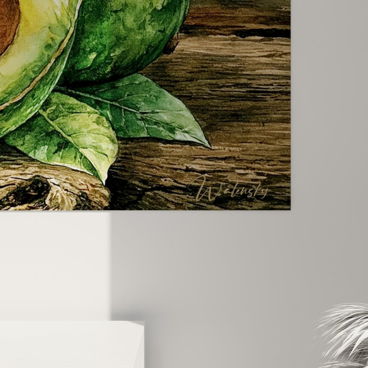Grain aquarelle de l'avocat, touches de vert émeraude et brun cuivré se fondant sur la toile