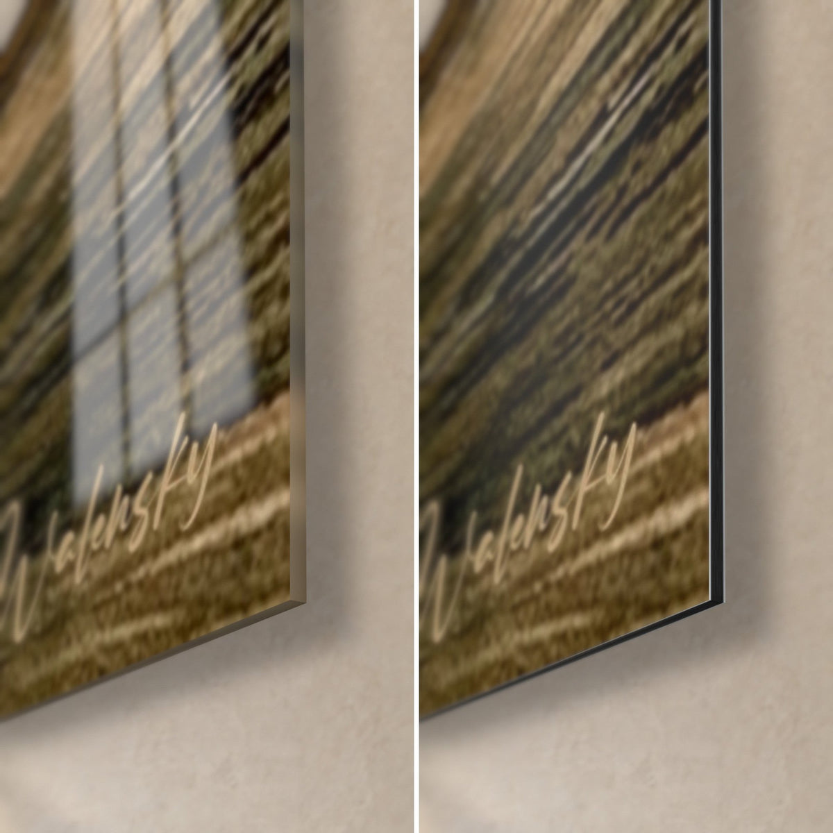 Tableau avocats verts sur planche brune, coin bas droit : verre acrylique brillant à gauche, alu Dibond mat à droite, tranche de 3 mm