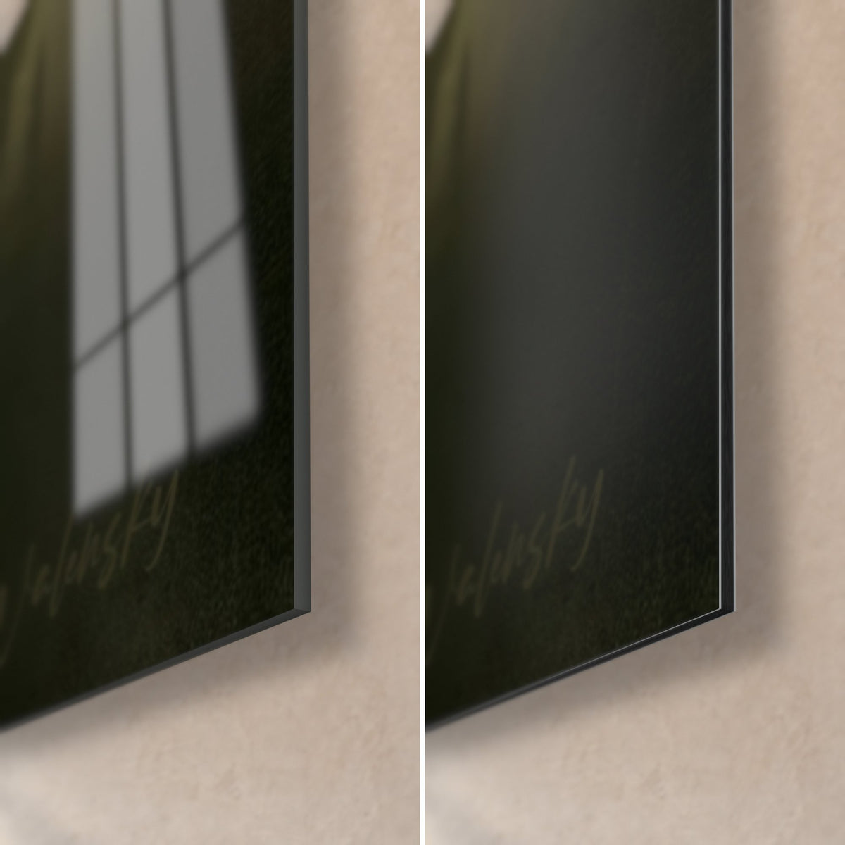 Tableau avocat éclaboussé de vert et d'orange, coin bas droit : verre acrylique brillant et reflets, Dibond noir mat, tranche de 3 mm
