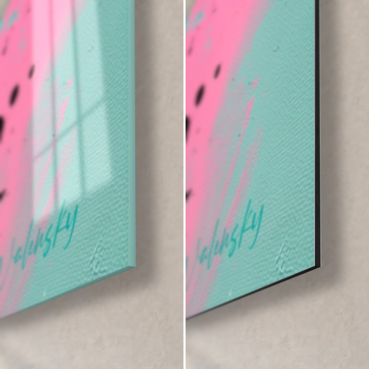 Tableau avocat éclaboussé, coin bas droit : verre brillant à reflets et Dibond noir mat, turquoise et rose, tranche de 3 mm