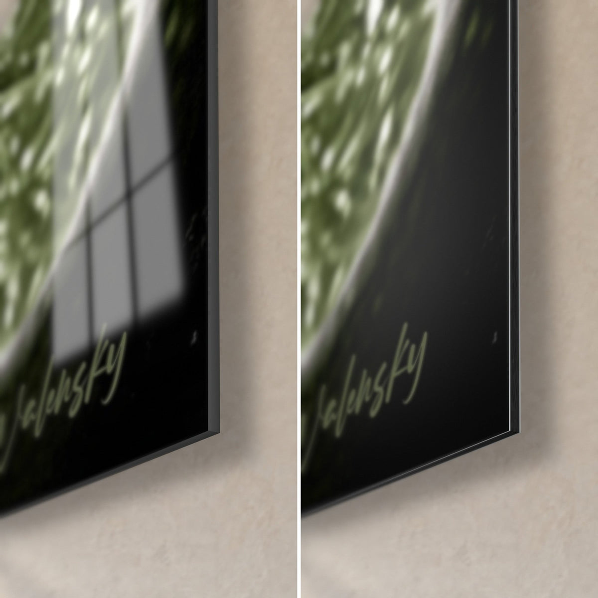 Quadro di avocado grigio e verde, angolo in basso a destra: vetro acrilico lucido a sinistra, Dibond nero opaco a destra, bordo di 3 mm