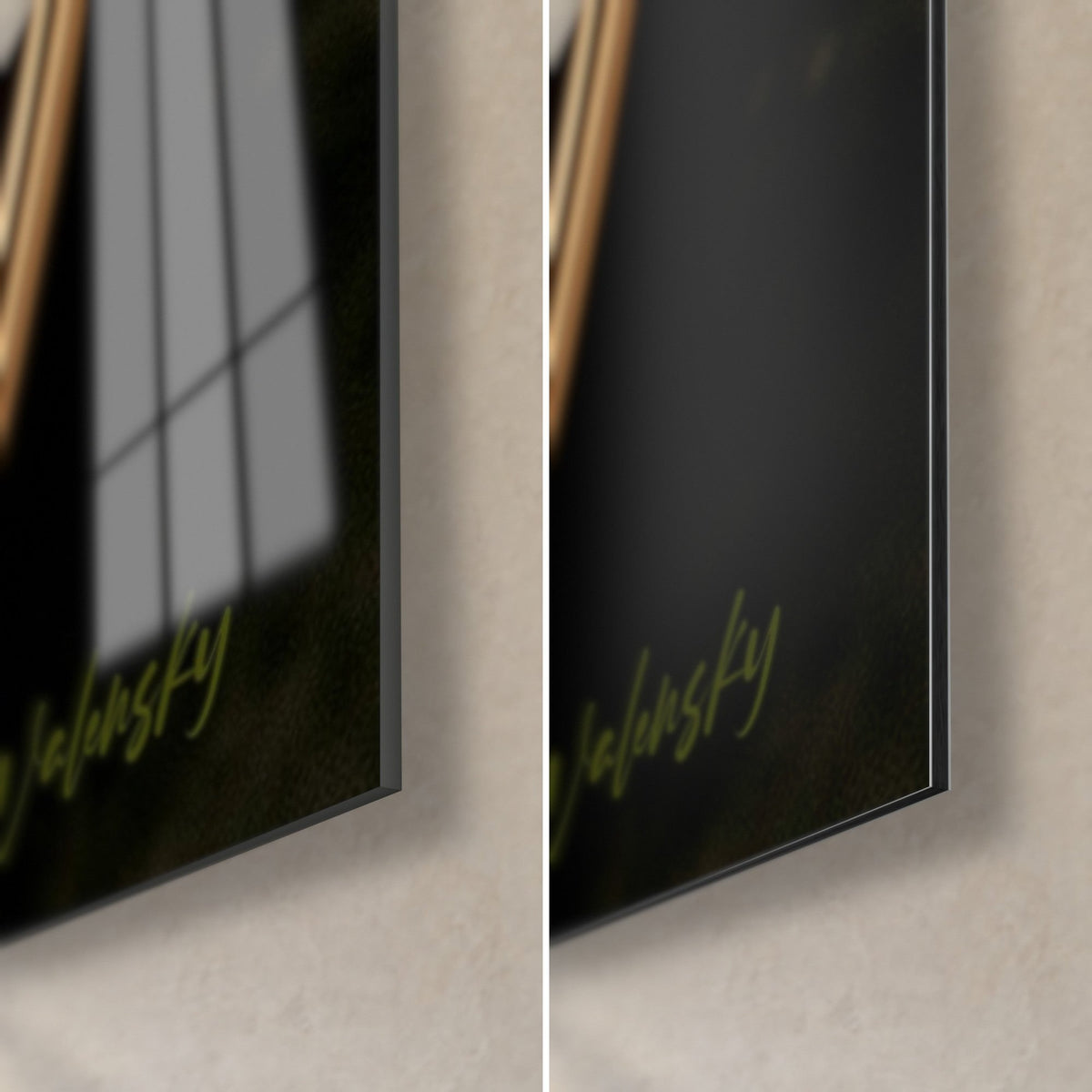 Schilderij halve avocado in groen en zwart, rechtsonder met Walensky-signatuur, glanzend acrylglas links en mat Dibond-aluminium rechts