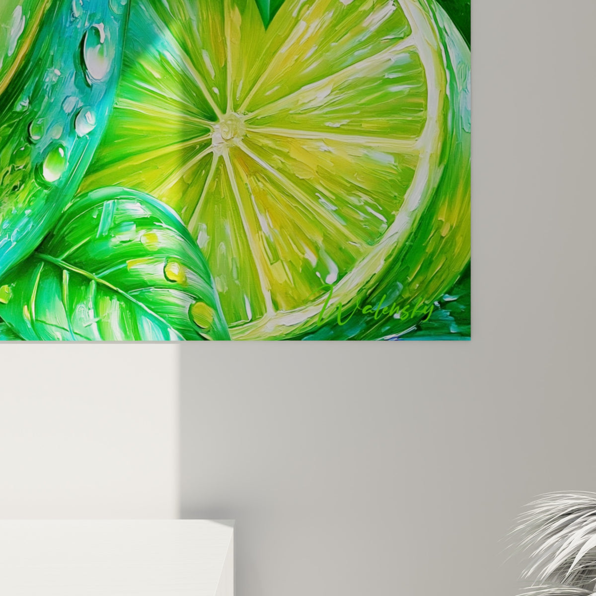 Empâtements de peinture verte et jaune, gouttes de rosée en relief sur la chair de l'avocat