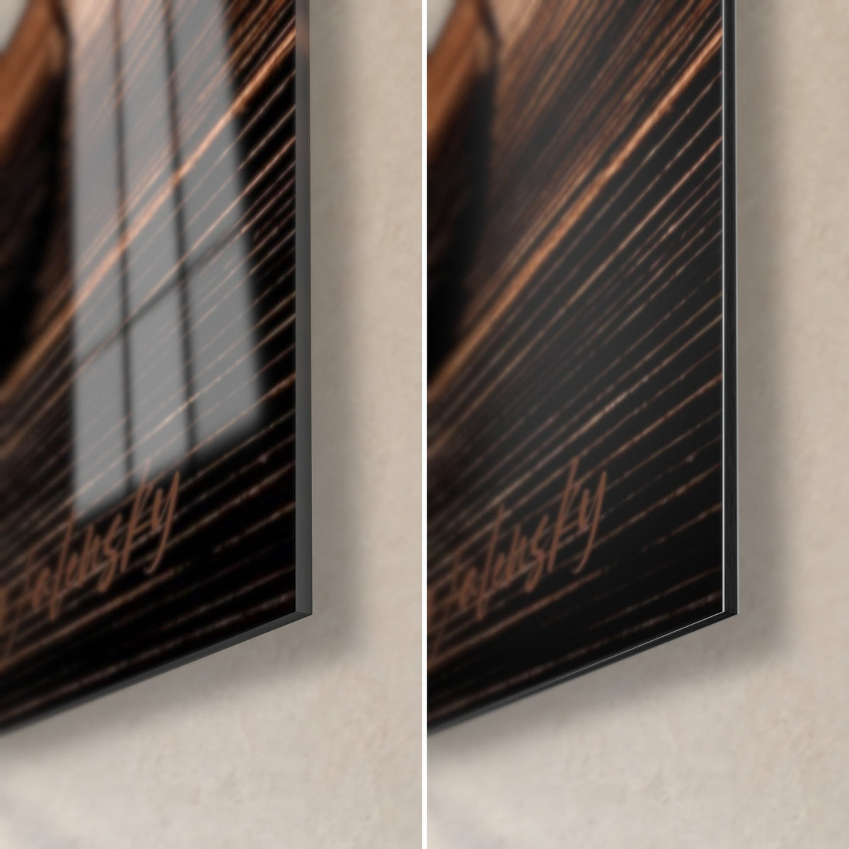 Wall art avocado on wooden board, bottom right corner: glossy acrylic glass with reflections on the left, matte black Dibond on the right, 3 mm edge